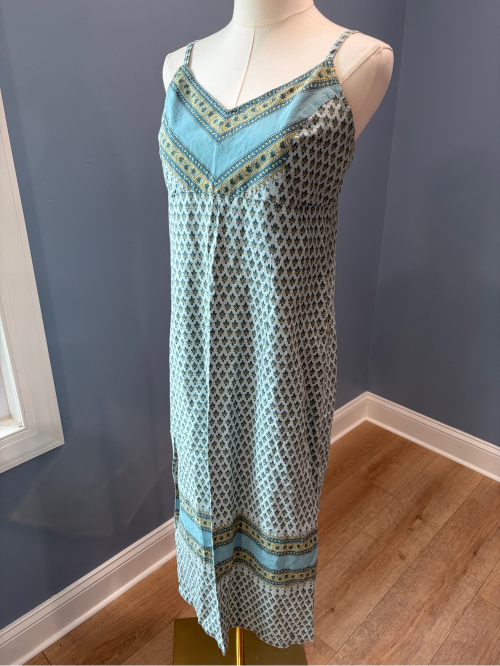 Vintage American Eagle Outfitters Cotton Blue Boho Floral Midi Dress Size 6 - Picture 2 of 9